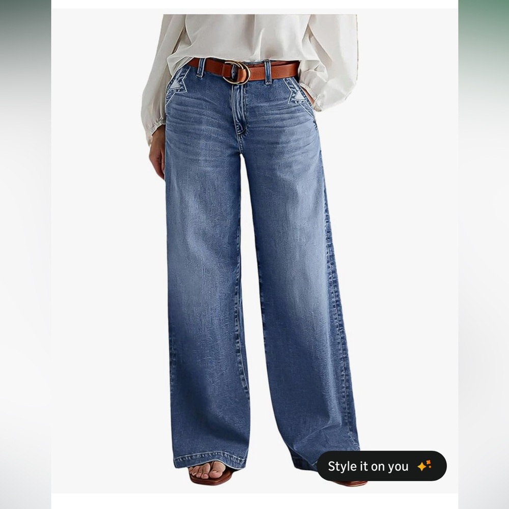 Flamingals Wide Leg Jeans Mid Waist Baggy Stitch Decor Denim